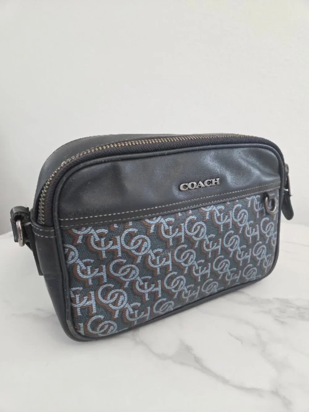 Unisex Vintage Coach Monogram Signature Crossbody Shoulder Bag Blue Black